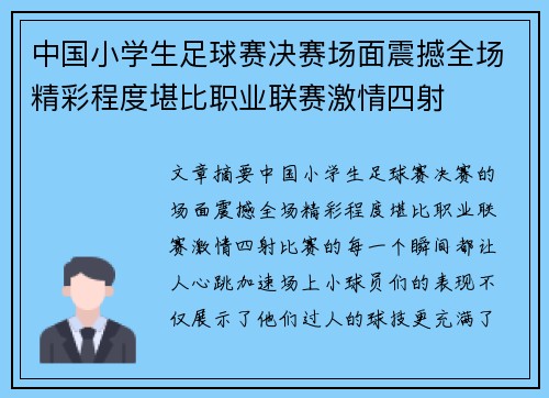 中国小学生足球赛决赛场面震撼全场精彩程度堪比职业联赛激情四射
