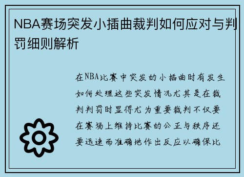 NBA赛场突发小插曲裁判如何应对与判罚细则解析