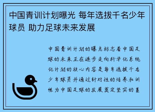 中国青训计划曝光 每年选拔千名少年球员 助力足球未来发展